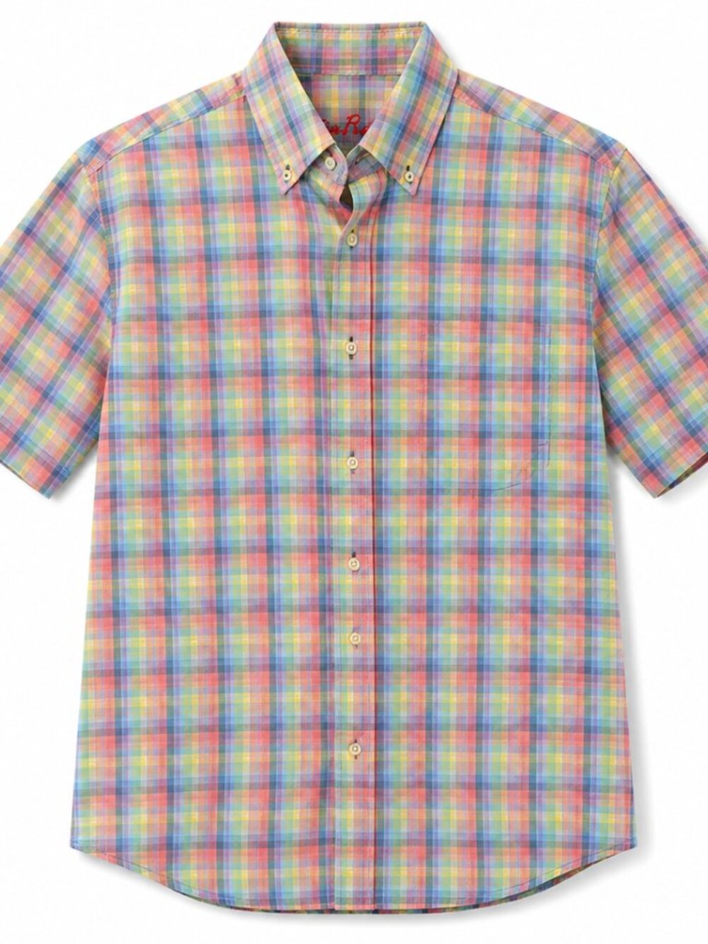 Alan Flusser Men’s Medium Pastel Multicolor Plaid Short Sleeve Button Down Shirt